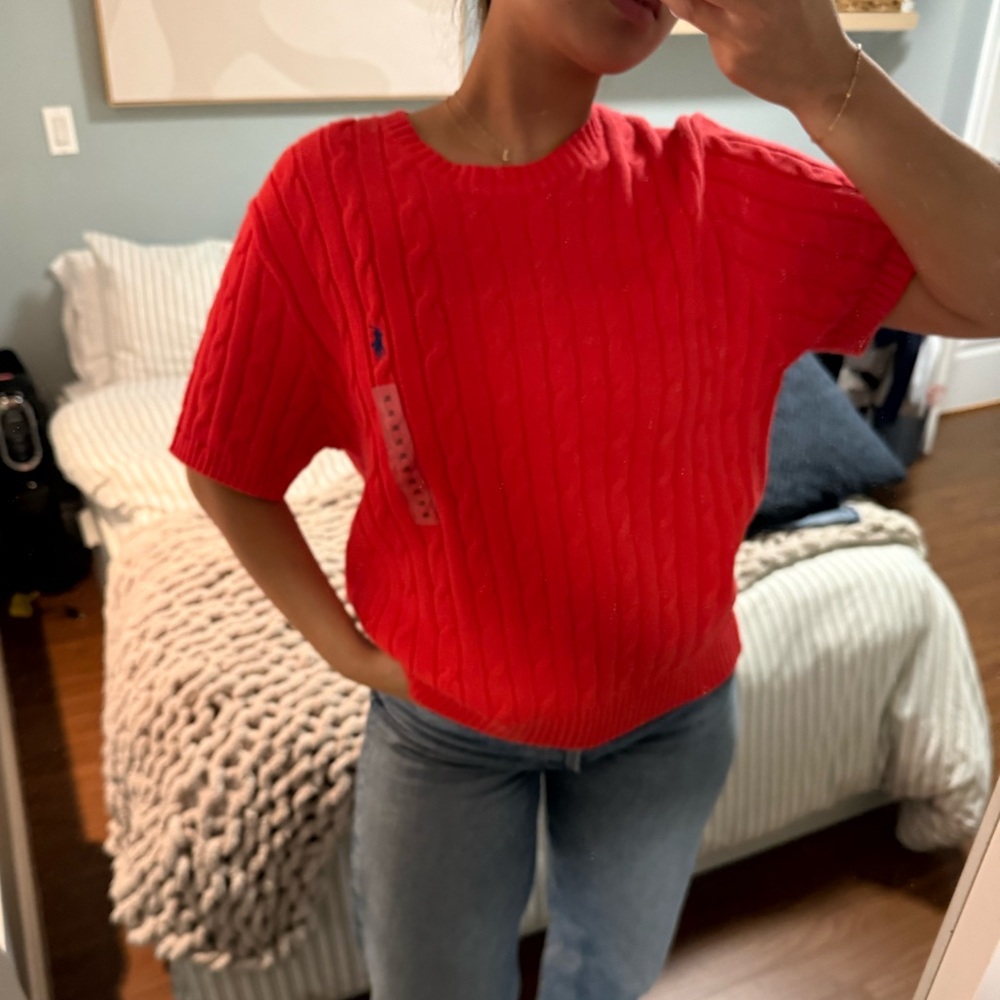 Ralph Lauren Red Cable-Knit Crewneck Short Sleeve Sweater